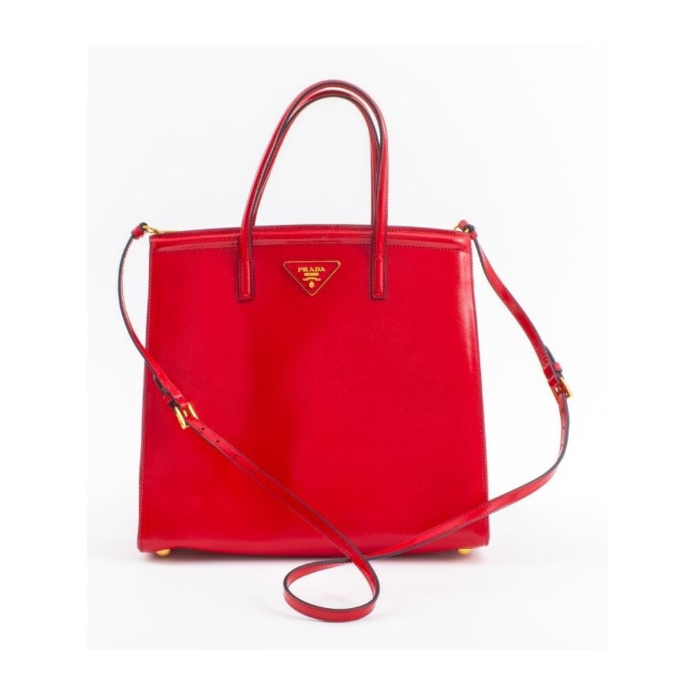 PRADA RED SAFFIANO VERNICE LEATHER TOTE PURSE